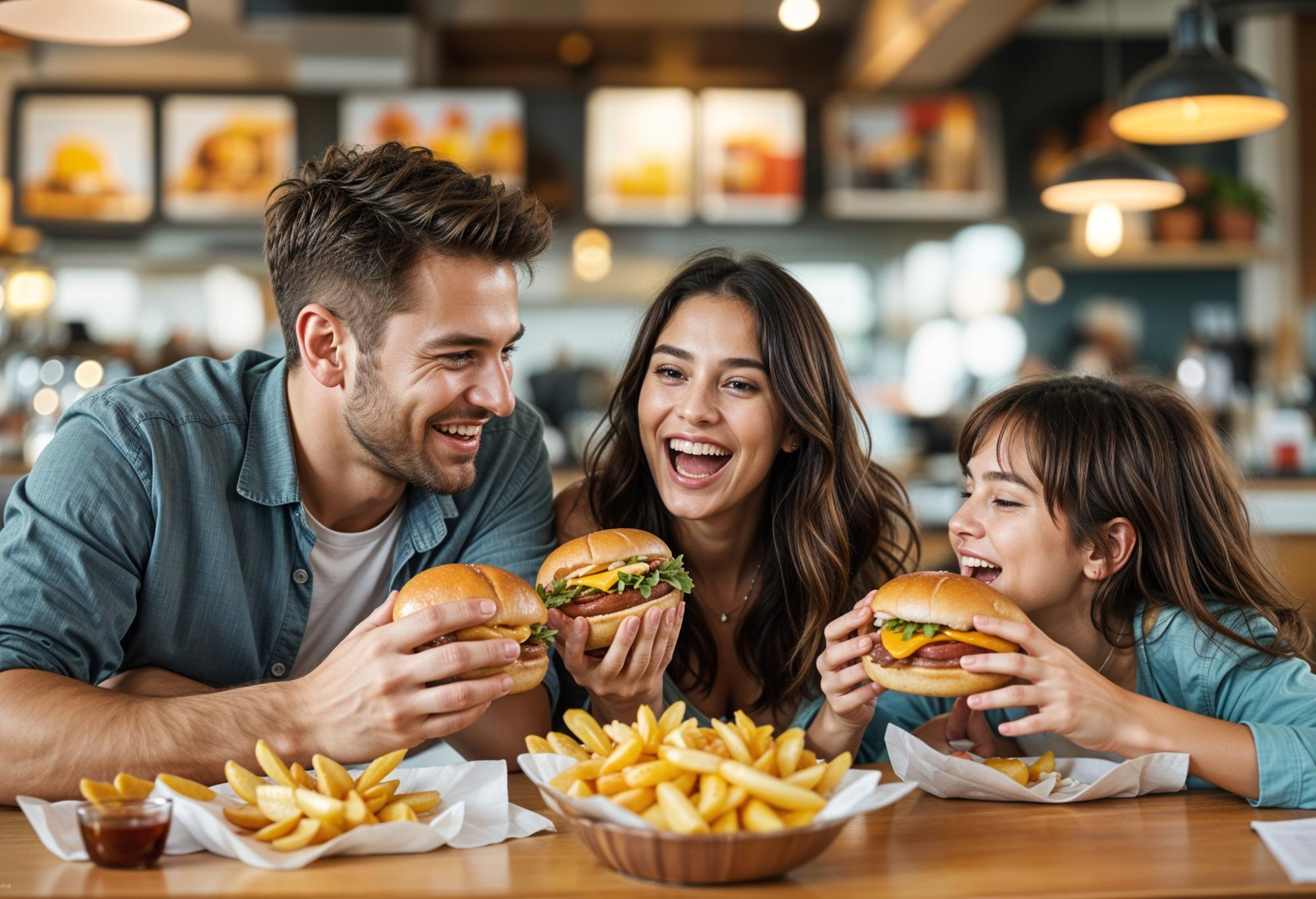 Happy family eating burgers and fries A happy family of 3 eating burgers and fries at the dine-in section of a fast-food restaurant