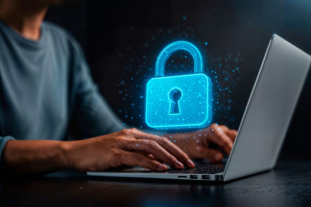 An illustration showing a digital lock hovering over a laptop to indicate data privacy