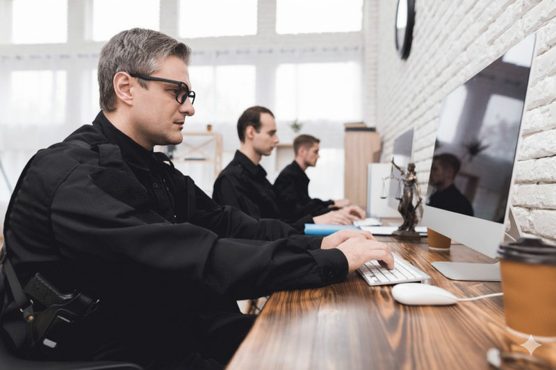 Police officers working on computers