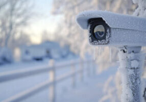 An image showing ice buildup on a camera depicting the need for ALPR Weather Protection